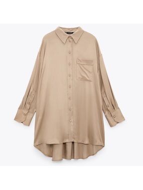 Weekend Stories Satin Button-Down Tunic in Beige